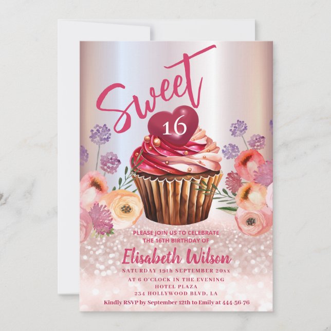 Invitation Boho floral Girly cupcake Rose or gliterie (Devant)