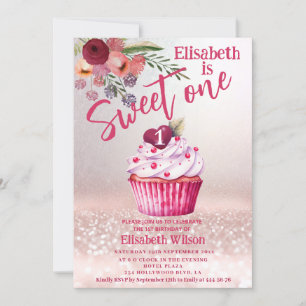 Invitation Boho floral Girly cupcake Rose or gliterie