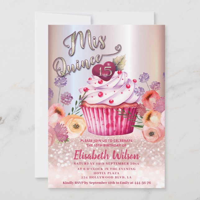 Invitation Boho floral Girly cupcake Rose or gliterie (Devant)