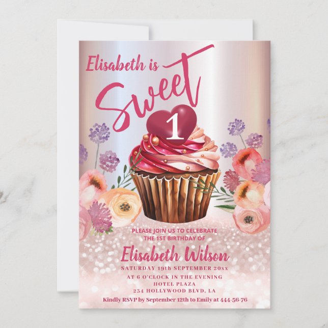 Invitation Boho floral Girly cupcake Rose or gliterie (Devant)