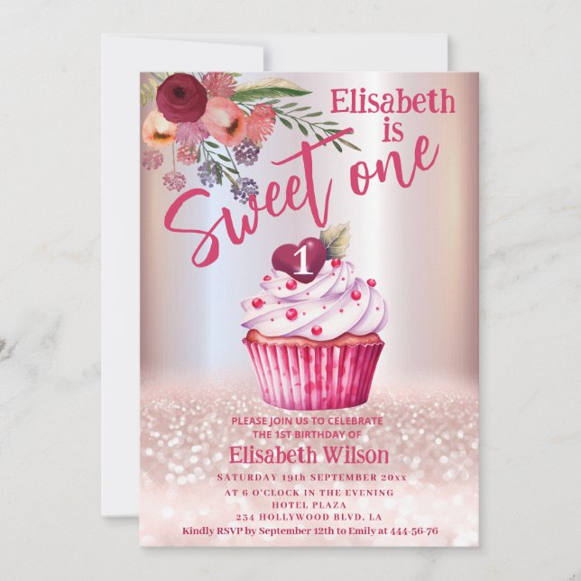 Invitation Boho floral Girly cupcake Rose or gliterie (Devant)