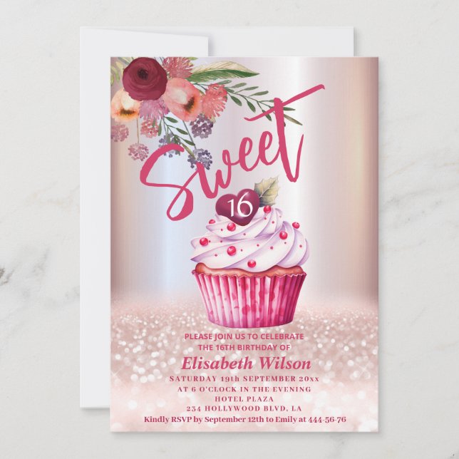Invitation Boho floral Girly cupcake Rose or gliterie (Devant)