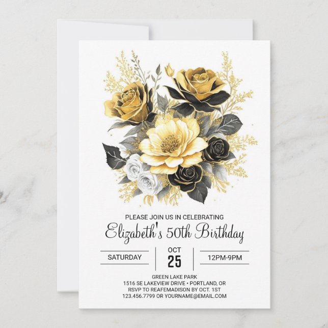 Invitation Boho Floral Gold et Black 50e anniversaire (Devant)