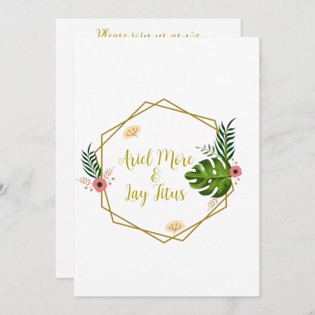 Invitation Boho Floral Gold Frame 2 en 1 Mariage Feuille vert (Devant / Derrière)
