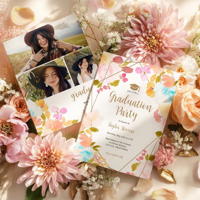 Invitation Boho Floral Gold Geometric Modern Photo Graduation (Boho Floral Gold Geometric Modern Photo Graduation Invitation)