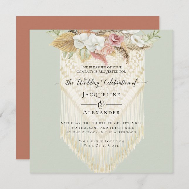 Invitation BOHO Floral Greenery Pampas Grass Mariage Macrame (Devant / Derrière)