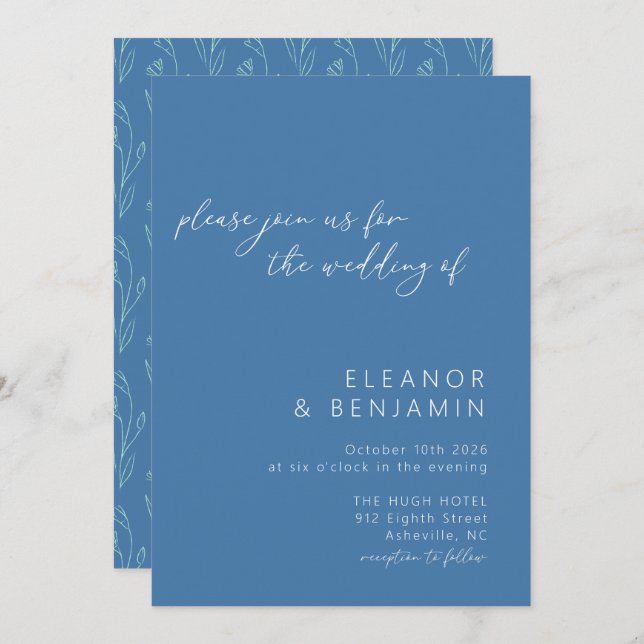 Invitation Boho Floral Line Art Blue Script Mariage (Devant / Derrière)