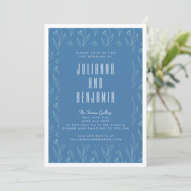 Invitation Boho Floral Line Art Dessin Mariage bleu (Debout devant)