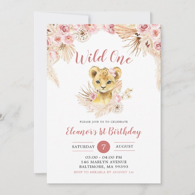 Invitation Boho Floral Lion Cub Wild Un Anniversaire Invitati (Devant)