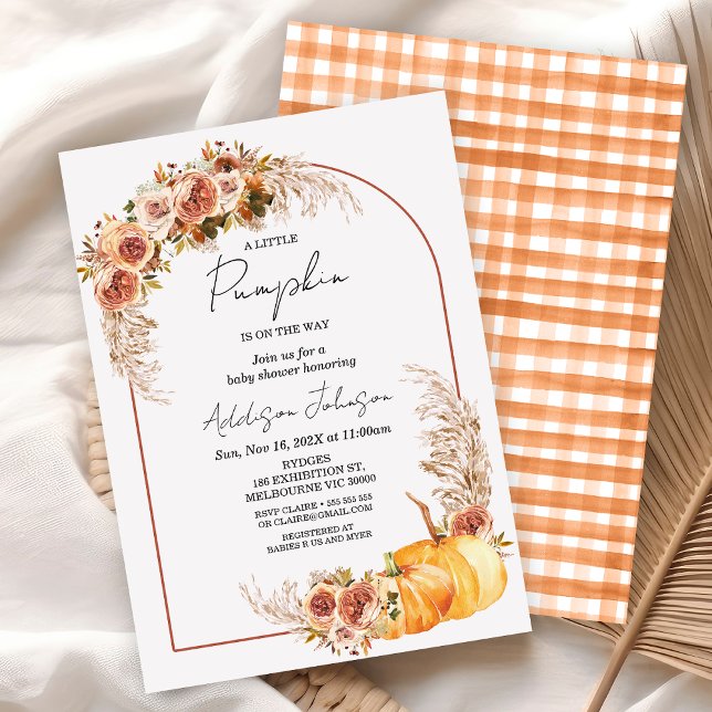 Invitation Boho Floral Little Baby shower Citrouille (Fall Little Pumpkin Baby Shower Invitation, Gender Neutral Autumn Baby Shower Modern Arch Floral)