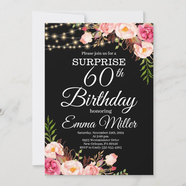 Invitation Boho Floral & Lumières Surprise 60e anniversaire (Devant)