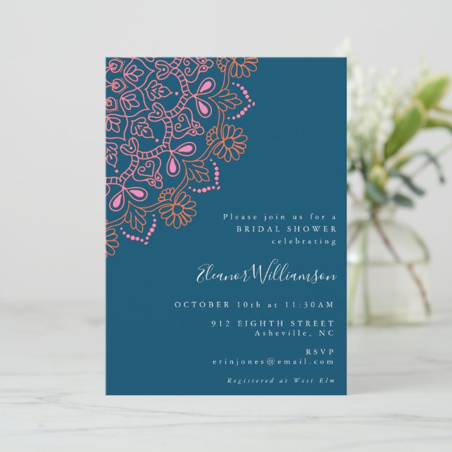 Invitation Boho Floral Mandala Fête des mariées bleue Turquoi (Debout devant)