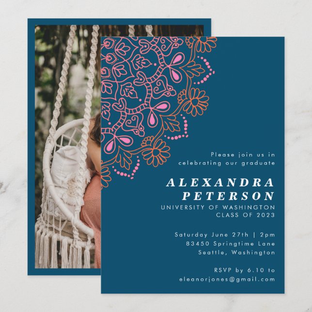 Invitation Boho Floral Mandala Turquoise Blue Graduation Part (Devant / Derrière)