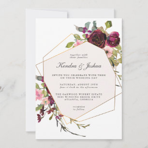 Invitation Boho Floral Mariage Bourgogne et bleu