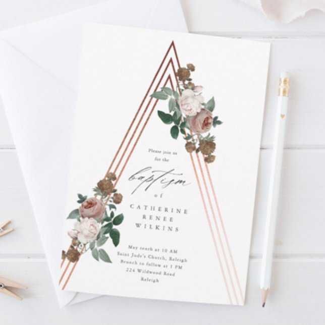 Invitation Boho Floral Moderne Religieux Baptême & Christenin (A boho baby baptism with vintage floral greenery and rose gold structure.)