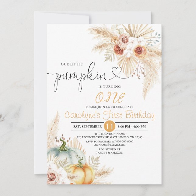 Invitation Boho Floral Notre Petite Fête Citrouille Anniversa (Devant)