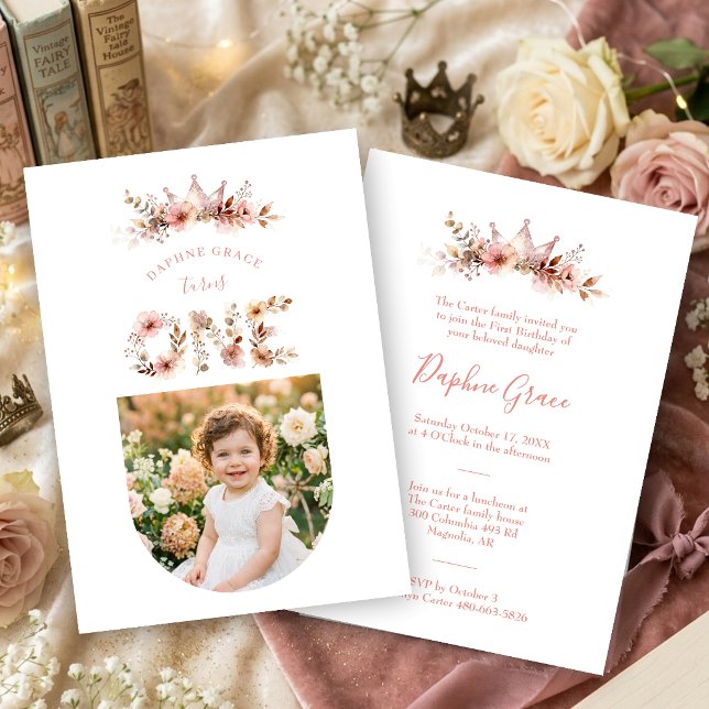 Invitation Boho Floral One Word Pink First Birthday  (Boho Floral One Word Pink First Birthday Invitation with Romantic Watercolor Effect Wildflowers.)