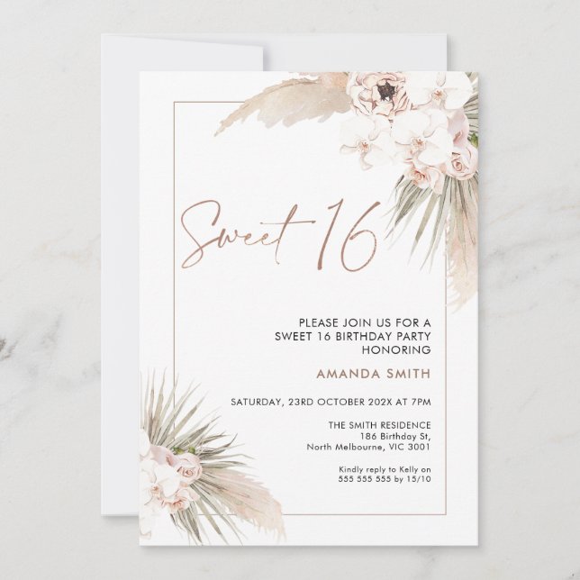Invitation Boho Floral Orchards Pampas Sweet 16 Anniversaire (Devant)