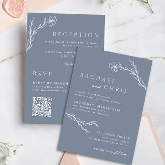 Invitation Boho Floral Outline Dusty Blue Tout en un code QR