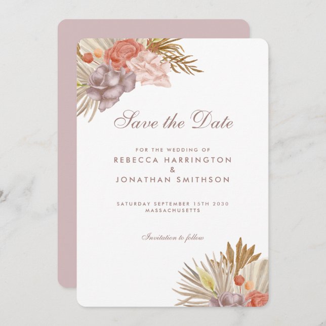 Invitation Boho Floral Palm Leaf mariage rose Enregistrer la  (Devant / Derrière)