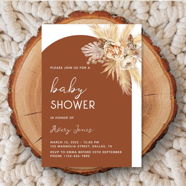 Invitation Boho Floral Pampas Baby shower d'arche en laiton (Créateur téléchargé)