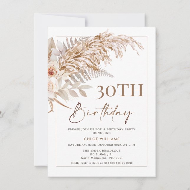 Invitation Boho Floral Pampas Cadre en herbe Anniversaire (Devant)