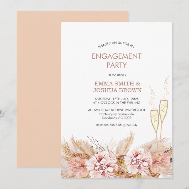 Invitation Boho Floral Pampas Fiançailles (Devant / Derrière)