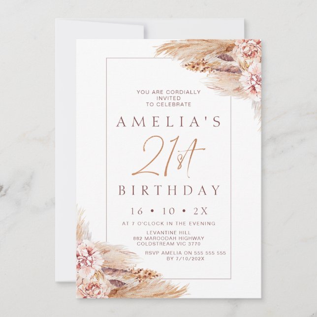 Invitation Boho Floral Pampas Grass 21e anniversaire (Devant)