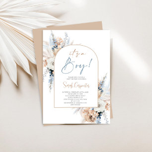 Invitation Boho Floral Pampas Grass Baby shower Garçon