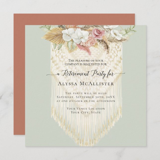 Invitation BOHO Floral Pampas Grass Macrame Retraite (Devant / Derrière)