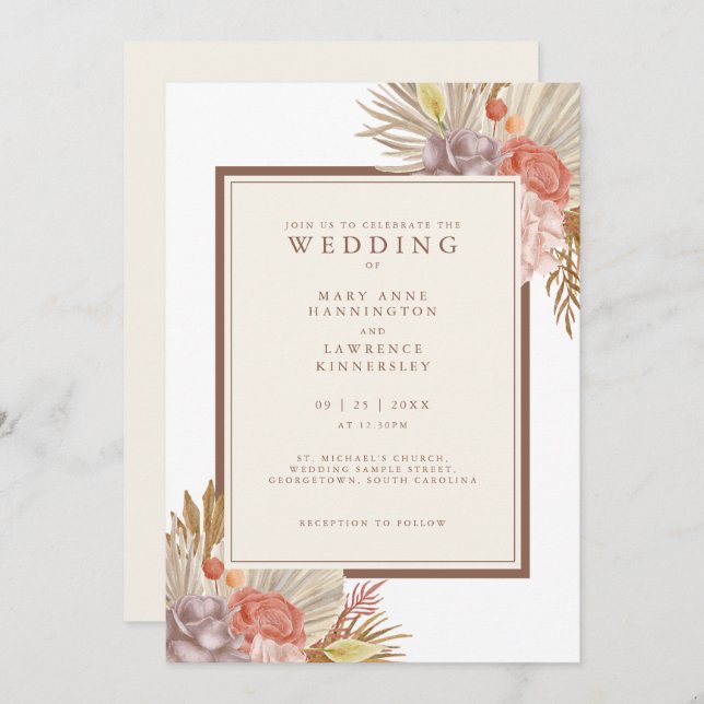 Invitation Boho Floral Pampas Grass Mariage (Devant / Derrière)