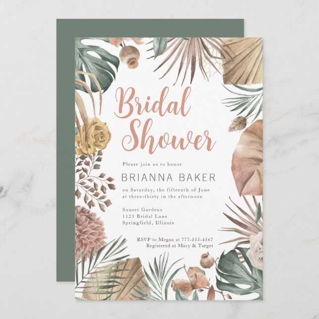 Invitation Boho Floral Pampas Grass nuptiale de douche Invita (Devant / Derrière)