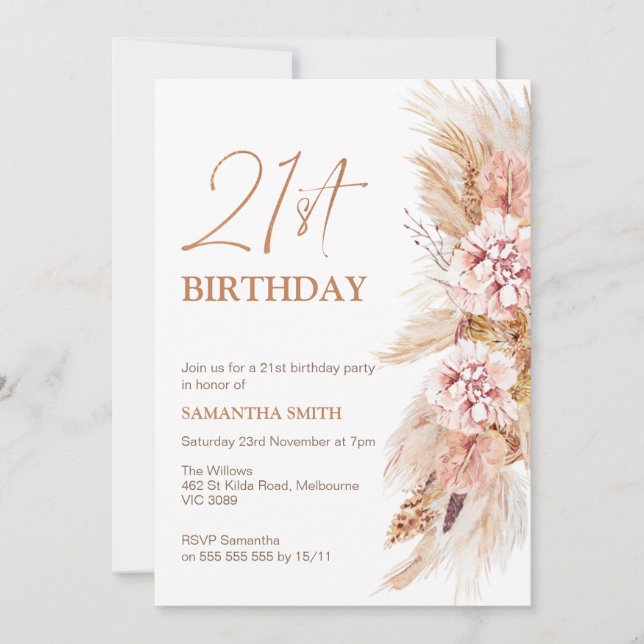 Invitation Boho Floral Pampas Herbe 21ème anniversaire Invita (Devant)