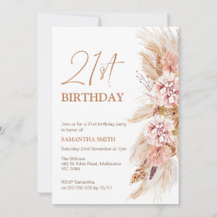 Invitation Boho Floral Pampas Herbe 21ème anniversaire Invita