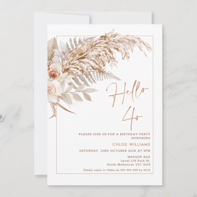 Invitation Boho Floral Pampas Herbe Bonjour 40 Anniversaire I (Devant)