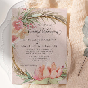 Invitation BOHO Floral Pampas Rose Aquarelle Mariage de couro