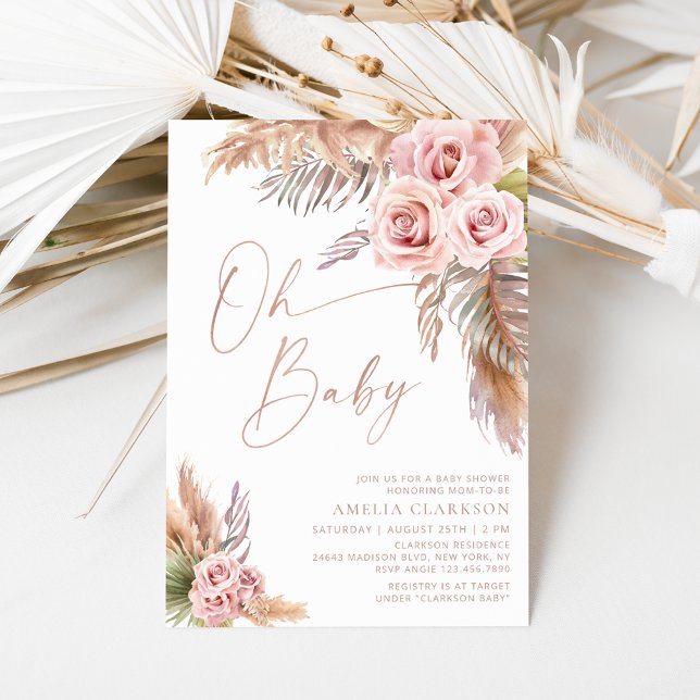 Invitation Boho Floral Pampas Rose Baby shower or (Créateur téléchargé)