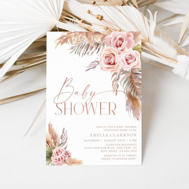 Invitation Boho Floral Pampas Rose Gold Baby shower Invitatia (Créateur téléchargé)