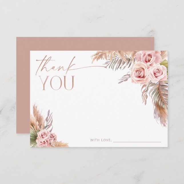 Invitation Boho Floral Pampas Rose Merci or (Devant / Derrière)