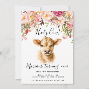 Invitation Boho Floral Peony Highland Cow Anniversaire de enf