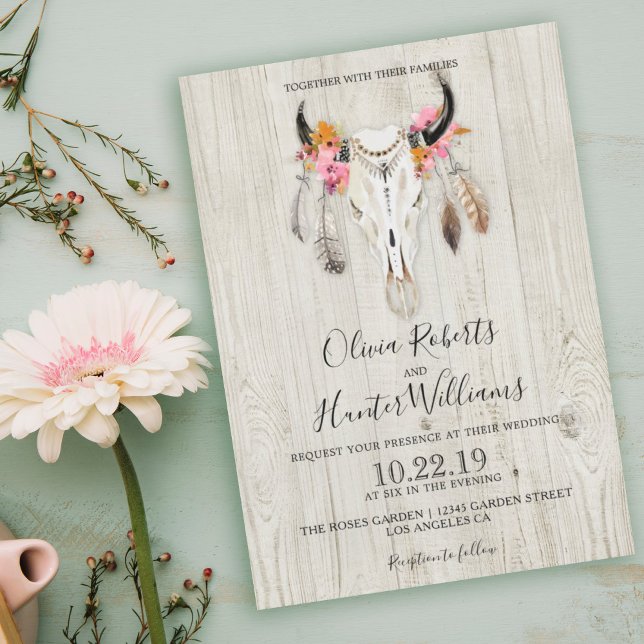 Invitation Boho Floral Plumes Antlers Mariage crâne Bois (Créateur téléchargé)