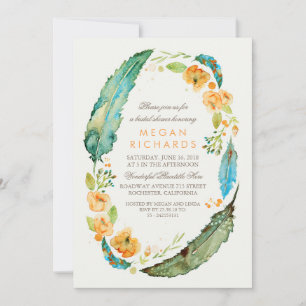 Invitation Boho Floral Plumes Fête des mariées Vintage