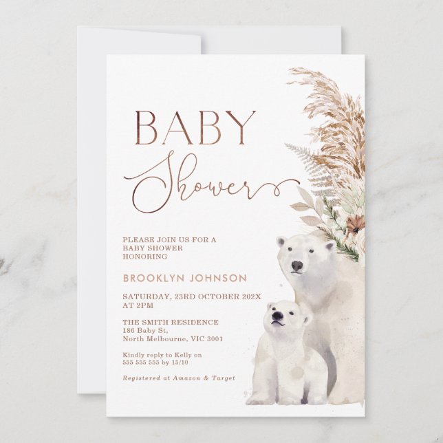 Invitation Boho Floral Polar Bear Cub Baby shower (Devant)