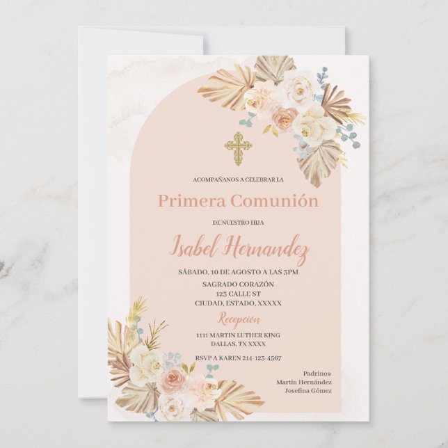 Invitation Boho Floral première communion Espagnol (Devant)
