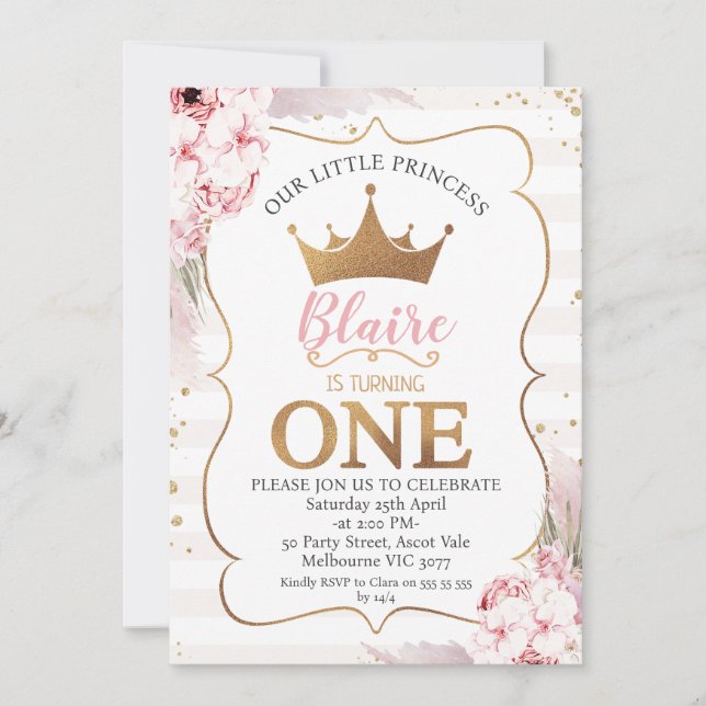 Invitation Boho Floral Princess Crown 1er anniversaire Invita (Devant)