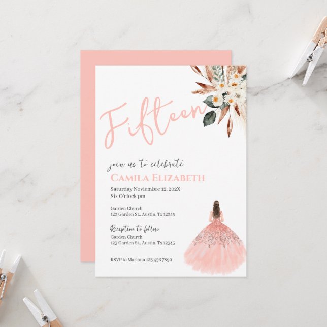 Invitation Boho Floral Quinceañera (Devant/Arrière en situation)
