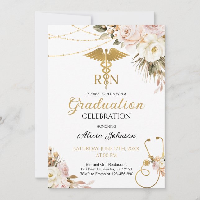 Invitation Boho Floral RN Nursing School Graduation (Devant)