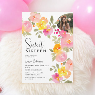 Invitation Boho Floral Rose Aquarelle Script Photo Sweet 16