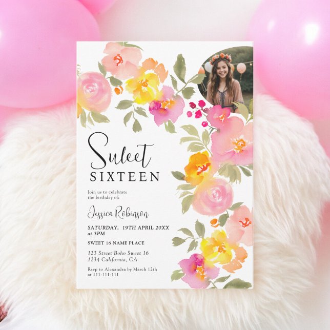 Invitation Boho Floral Rose Aquarelle Script Photo Sweet 16 (Boho Floral Pink Watercolor Script Photo Sweet 16 Invitation)