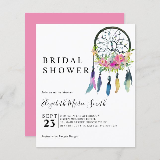 Invitation Boho Floral Rose Budget Douche nuptiale (Devant / Derrière)
